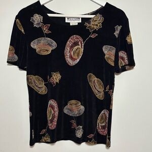 VTG 90s Western Stretchy Slinky Top Large Lady Grunge Rose Hat Cowgirl‎ Black